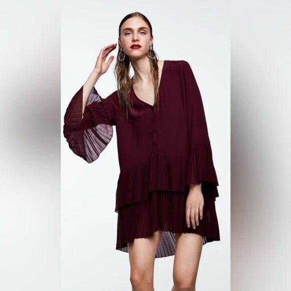 Zara Tiered Pleated Chiffon Burgundy Tunic/Drees Size Small - Picture 1 of 5